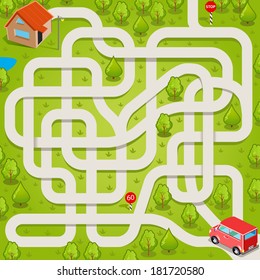 Vector maze game: red car find the way to home