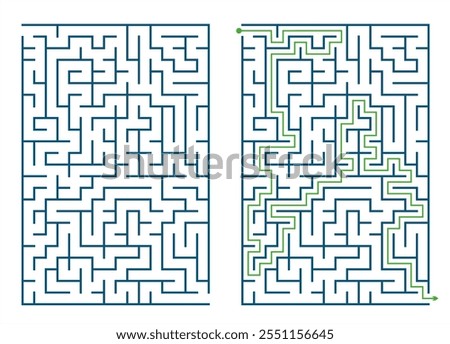 Vector Maze Game Template with Solution. Flat Design. Simple Clean Line Labyrinth with Correct Path