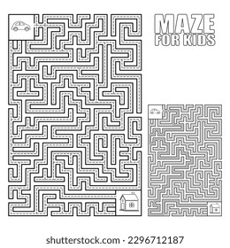 Vector Maze game with vehicles and tangled road.  Vector coloring book page for children activity