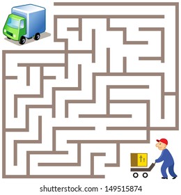 Vector Maze game: way for delivery the box to funny truck