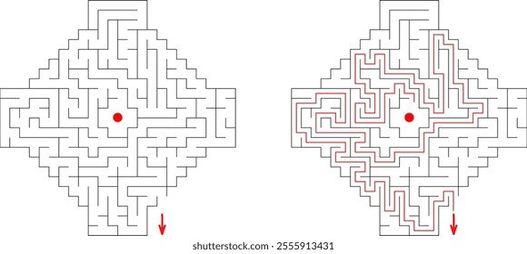 Vector maze inside the shape of a jewel. Find the way out from center of labyrinth. Medium level difficulty puzzle for childrens and adults