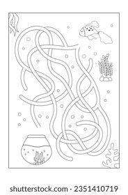 Vector maze isolated on white background. Help the fish find the aquarium. Education logic game labyrinth for kids. With the solution.