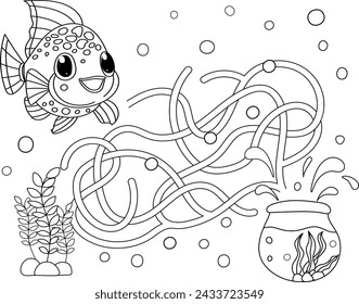 Vector maze isolated on white background. Help the fish find the aquarium. Education logic game labyrinth for kids. With the solution.