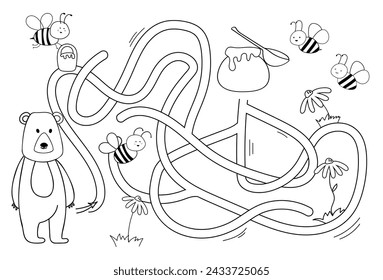 Vector maze isolated on white background. Help the bear find a pot of honey. Education logic game labyrinth for kids. With the solution.