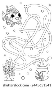 Vector maze isolated on white background. Help the fish find the aquarium. Education logic game labyrinth for kids. With the solution.