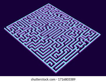 Vector maze, labyrinth 3d rendering illustration, isometric blue maze,