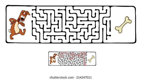 Vector Maze, juego de educación laberíntica para niños con perros y huesos.