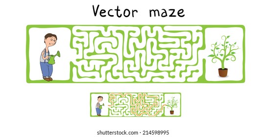 Vector Maze, Labyrinth Education Game für Kinder mit Gärtner und Pflanzen.