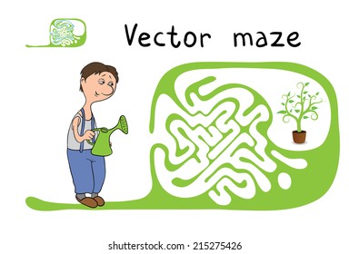 Vector Maze, Labyrinth education Game for Children with Gardener and Plant.