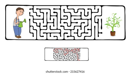 Vector Maze, Labyrinth education Game for Children with Gardener and Plant.