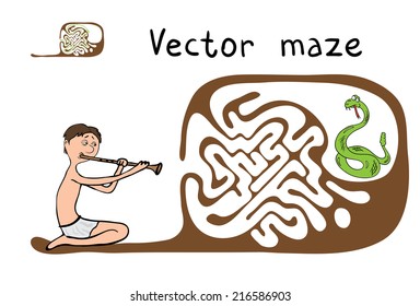 Maze vectorial, juego educativo laberíntico para niños con serpientes y fakir