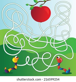 Vector Maze, Labyrinth education Game for Children with apple and worm