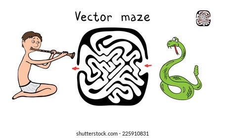 Maze vectorial, juego educativo laberíntico para niños con serpientes y fakir