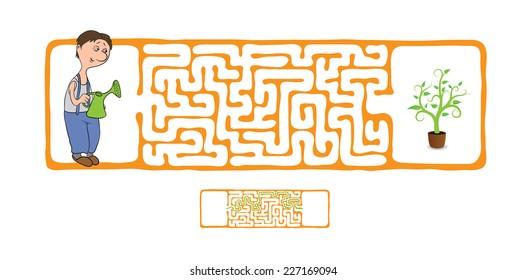 Vector Maze, Labyrinth education Game for Children with Gardener and Plant.