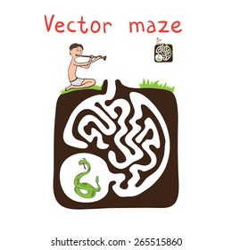 Maze vectorial, juego educativo laberíntico para niños con serpientes y fakir