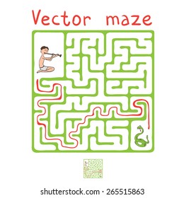 Maze vectorial, juego educativo laberíntico para niños con serpientes y fakir 