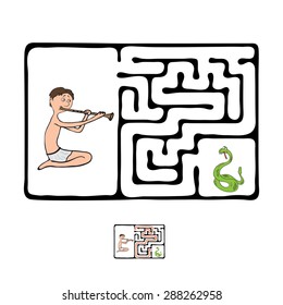 Maze vectorial, juego educativo laberíntico para niños con serpientes y fakir