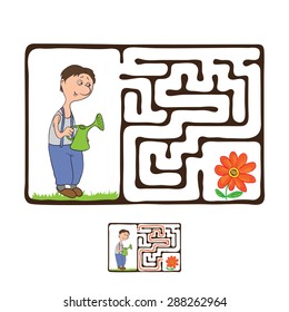 Vector Maze, juego de educación laberíntica para niños con jardinero y planta.