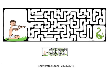 Maze vectorial, juego educativo laberíntico para niños con serpientes y fakir