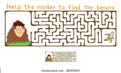 Vector Maze, Labyrinth education Game for Children with Monkey and Banana.