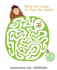 Vector Maze, Labyrinth education Game for Children with Monkey and Banana.