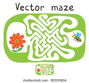 Vector Maze, Labyrinth education Game for Children with Flying Bee and flower.