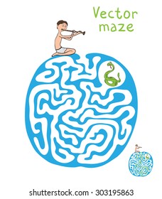 Maze vectorial, juego educativo laberíntico para niños con serpientes y fakir