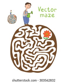 Vector Maze, Labyrinth education Game for Children with Gardener and Plant.