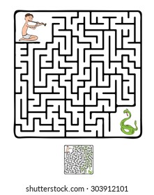 Maze vectorial, juego educativo laberíntico para niños con serpientes y fakir