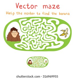 Vector Maze, Labyrinth education Game for Children with Monkey and Banana.