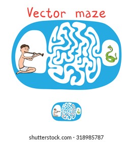 Maze vectorial, juego educativo laberíntico para niños con serpientes y fakir