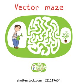 Vector Maze, Labyrinth education Game for Children with Gardener and Plant.