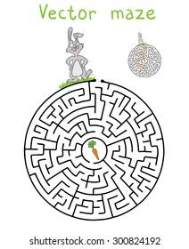 Vector Maze, Laberinto Juego para Niños con Conejo y Zanahoria.