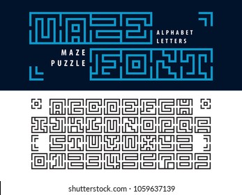 Vector of Maze Puzzle Alphabet Letters and numbers, Linear stylized fonts, Minimal Letters set for labyrinth business concept, Black Lines Letters set for art design, Labyrinth brain teaser kids game.