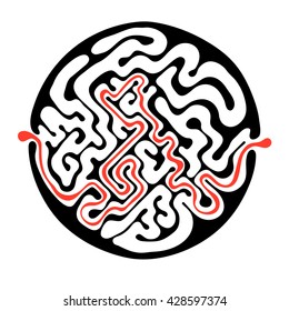 Vector maze, round labyrinth illustration with solution.