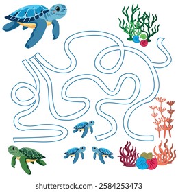 Vector maze with sea animals. Help me find my way to my friends.