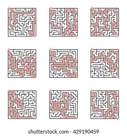 Vector maze set, labyrinth illustration with solution.