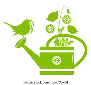 vector meadow flowers in watering can and bird with worm isolated on white background