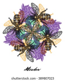 Vector Meadow mood Engraved fractal outlet composition. Bright colored composition with bees and clover flowers