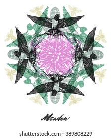 Vector Meadow mood Engraved fractal outlet composition. Bright colored composition with swallows, bees and grass flowers