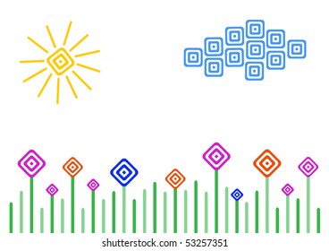 Vector meadow, sun and cloud in simple geometry style