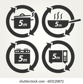 Vector Meal Preparation Icons of Cook in Pot, Fry in Pan, Roast in Oven and Heat in Microwave for 5 Minutes