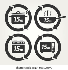 Vector Meal Preparation Icons Of Cook In Pot, Fry In Pan, Roast In Oven And Heat In Microwave For