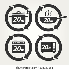 Vector Meal Preparation Icons Of Cook In Pot, Fry In Pan, Roast In Oven And Heat In Microwave For 20 Minutes