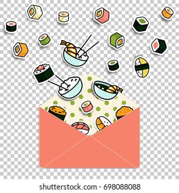 Vector meal rolls sushi set in paper mail envelope