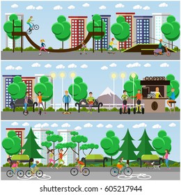 Vector means of transport concept posters, banners set. Young people riding modern street vehicles, bicycles and performing stunts in the park, flat style design elements.