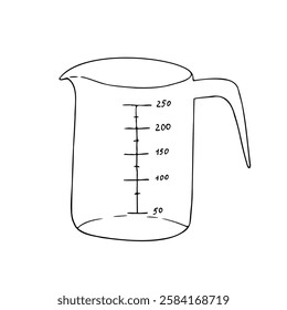 Vector measuring cup. Graphic ink Plastic kitchen tool illustration isolated on background. Hand drawn line sketch. For designers, prints, logo, icon, menu, postcards, holiday, covers