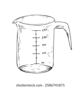 Vector measuring cup. Graphic ink Plastic kitchen tool illustration isolated on background. Hand drawn line sketch. For designers, prints, logo, icon, menu, postcards, holiday, covers