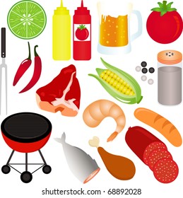Vector of meat, fish, chicken, sausage, salami, corn to make Barbecue BBQ grill. A set of cute and colorful icon collection isolated on white background