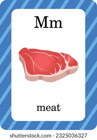 vector meat with frame for ABC Flash Cards. Letters, words and pictures. Educational alphabet cards for kids. children's alphabet page.